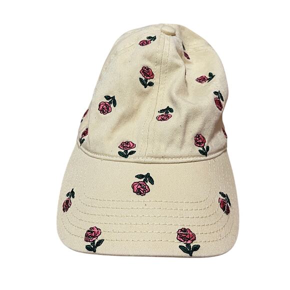 Pale Pastel Yellow Cotton Adjustable Baseball Hat Ditsy Pink Embroidered Flowers - Picture 1 of 7